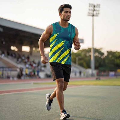 Model wearing teal singlet with yellow diagonal brush strokes and black shorts running on an athletics track