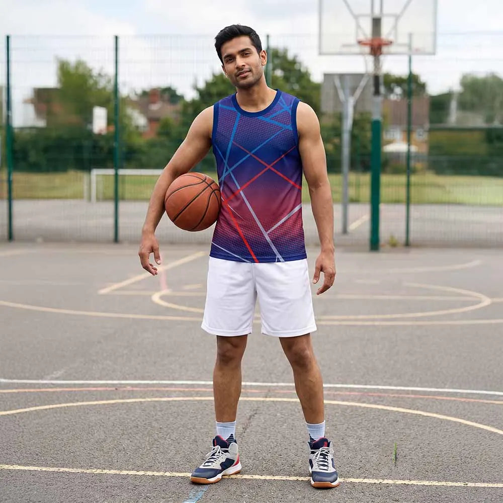 Model wearing blue and purple singlet with red and light-blue crossing lines and white shorts on a basketball court