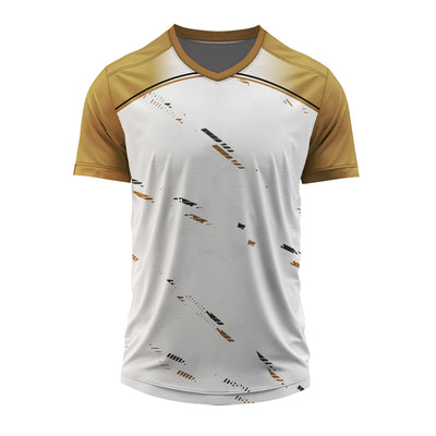 Premium white and gold V-neck sports jersey with abstract graphic accents, customizable with team logo, player name, and jersey number.