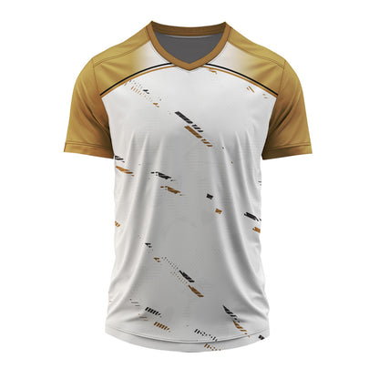 Premium white and gold V-neck sports jersey with abstract graphic accents, customizable with team logo, player name, and jersey number.