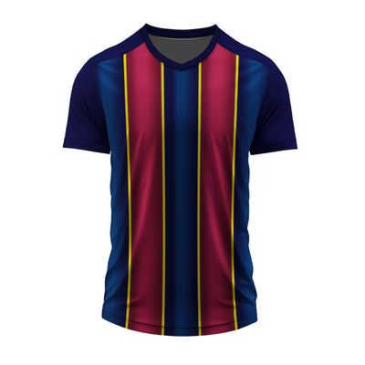 Blue and maroon striped V-neck sports jersey with custom logo, player name, number, and sponsor branding options.