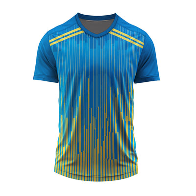 Blue athletic V-neck sports jersey with crossover graphic pattern, customizable with logo, player name, number, and sponsor branding.