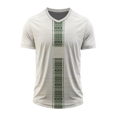 White V-neck custom sports jersey with geometric center panel design, personalized with team logo, player name, number, and sponsor branding.
