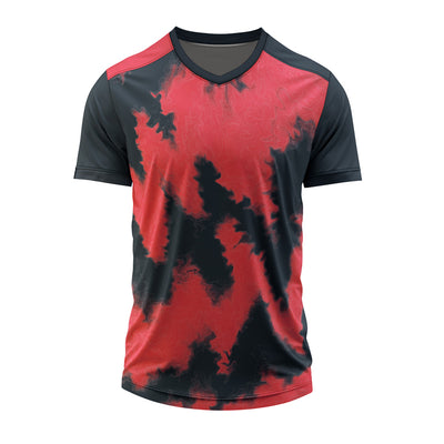 Red and black custom V-neck sports jersey with abstract graphic design, personalized with team logo, player name, number, and sponsor branding.