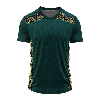 Dark green custom V-neck sports jersey with geometric shoulder pattern, personalized with team logo, player name, number, and sponsor branding.