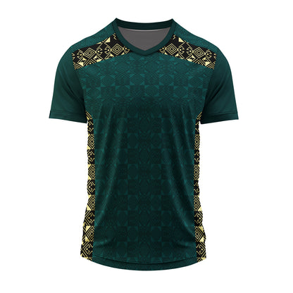 Dark green custom V-neck sports jersey with geometric shoulder pattern, personalized with team logo, player name, number, and sponsor branding.