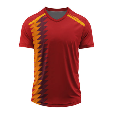 Custom red V neck sports jersey with yellow geometric side design for personalized cricket and football team uniforms.