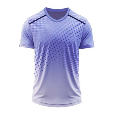 Custom lavender V neck sports jersey with gradient dot pattern for personalized team uniforms and sports apparel.