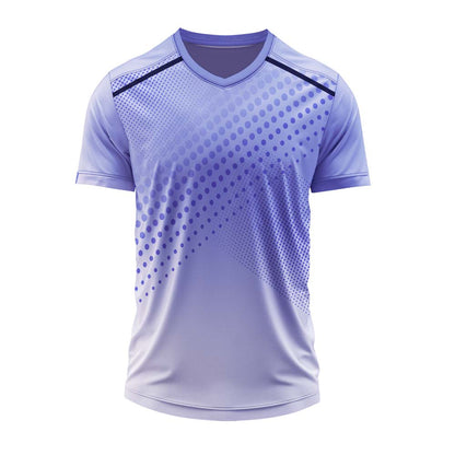Custom lavender V neck sports jersey with gradient dot pattern for personalized team uniforms and sports apparel.
