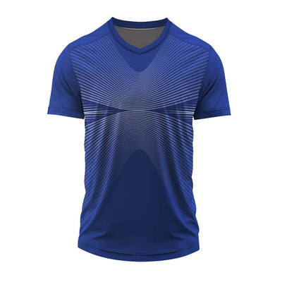 Royal blue custom V neck sports jersey with wave line pattern and personalized sublimation printing for team uniforms.