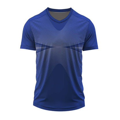 Royal blue custom V neck sports jersey with wave line pattern and personalized sublimation printing for team uniforms.