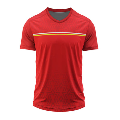 Custom red V neck sports jersey featuring a contrast chest stripe and personalized sublimation printing for team uniforms.