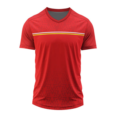 Custom red V neck sports jersey featuring a contrast chest stripe and personalized sublimation printing for team uniforms.