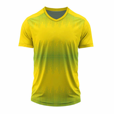 Custom yellow V neck performance jersey with halftone fade design and personalized sublimation printing for sports teams.