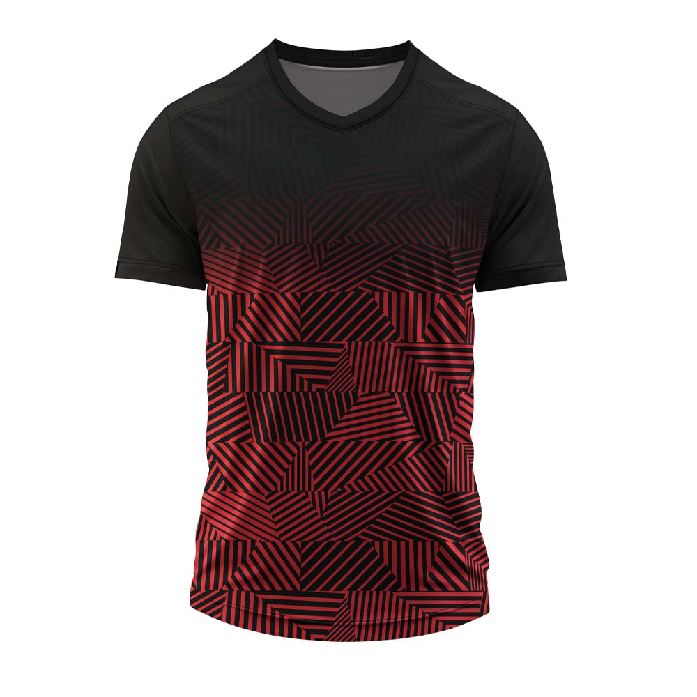 Custom black red V-neck sports jersey with geometric sublimation design for cricket, football and team uniforms.
