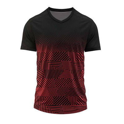 Custom black red V-neck sports jersey with geometric sublimation design for cricket, football and team uniforms.