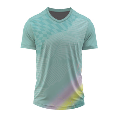 Custom Mint Green V Neck Sports Jersey with Abstract Wave Pattern