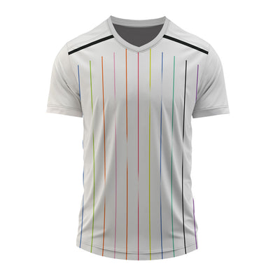 Custom White V Neck Sports Jersey with Colourful Vertical Stripe Design