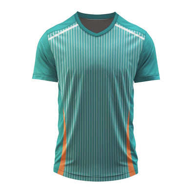 Aqua Green Custom V-Neck Dry Fit Cricket Jersey with Pinstripe Design