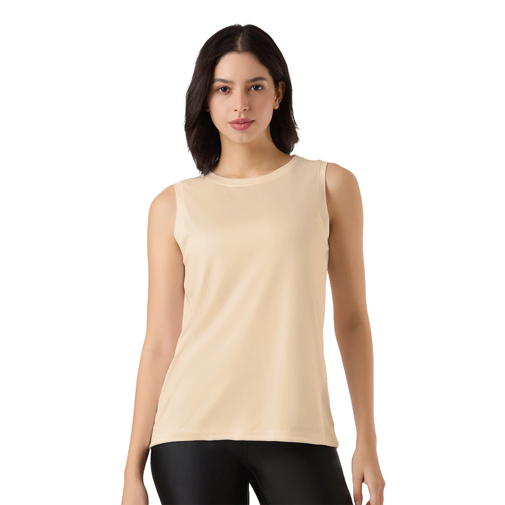 beige tank top women, sleeveless top for women, solid color singlet, gym tank top, dry-fit workout shirt, women gym wear, nude tank top, moisture-wicking activewear, women's fitness top, neutral color tank top, basic gym top, yoga singlet women
