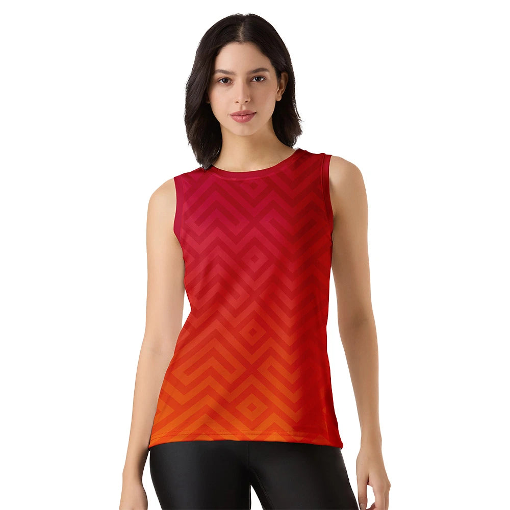 red orange tank top women, geometric print tank top, sleeveless workout top, women’s gym tank top, activewear for women, moisture wicking top, breathable tank top, trendy sportswear women, sleeveless fitness top, yoga tank top women, stylish gym top, women's running tank, athletic tank top for women, printed sports top
