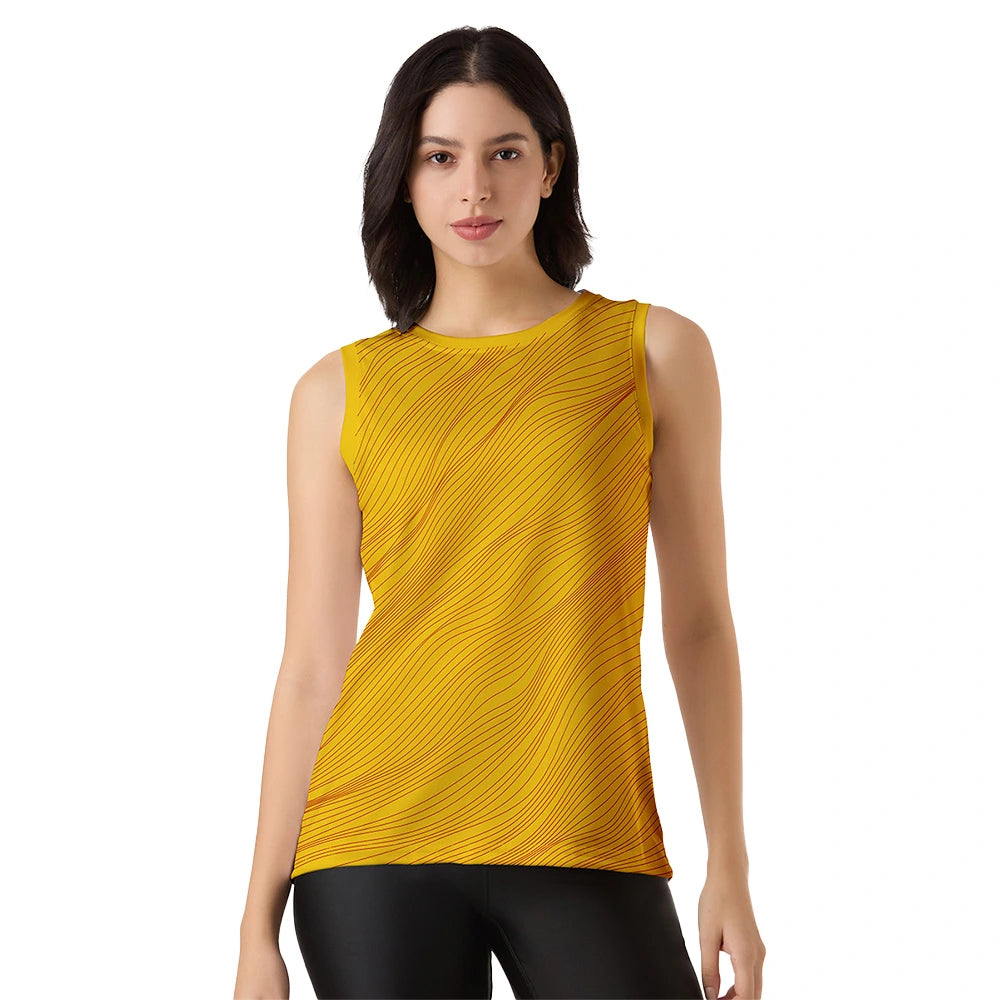 Sleeveless Top, Yellow Tops, Activewear, Gym Top Women, Yoga Tank, Summer Wear, Quick Dry Fabric, Wavy Print, Trendy Workout Clothes, Fitness Top