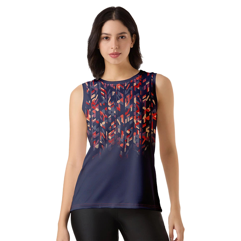 women’s sleeveless workout top, navy gym top for women, geometric print fitness tank, quick dry athletic top, breathable sportswear for women, ladies activewear top, sleeveless yoga tank, moisture-wicking workout top, stylish gym wear for women, women's summer fitness top, performance wear tank top, trendy sleeveless gym shirt, workout tank top for women