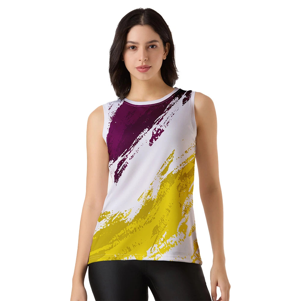 women’s sleeveless top, abstract brushstroke tank top, gym wear for women, quick dry workout top, plum yellow print tee, breathable yoga top, stylish gym vest, white fitness tank, polyester activewear, sleeveless sportswear for women