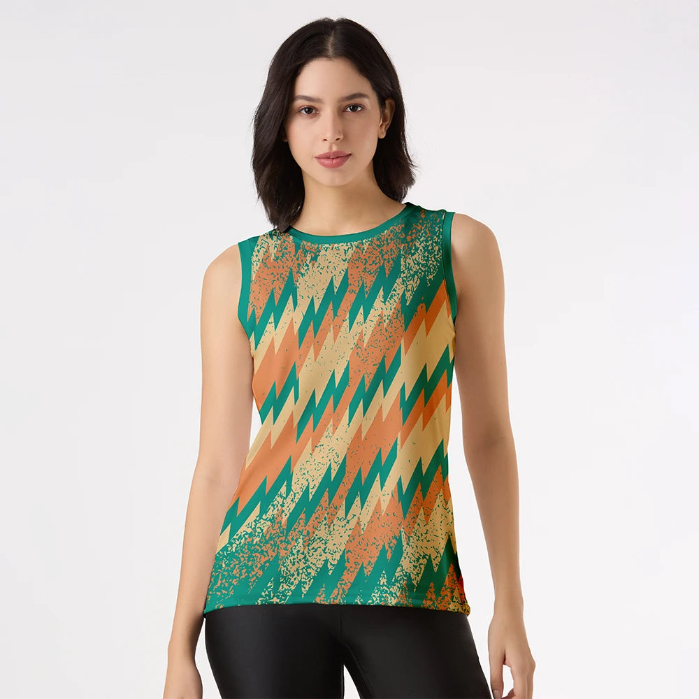 zigzag print gym top, green orange activewear women, quick dry workout tank, sleeveless gym singlet, breathable fitness top, stylish dry fit tank women, abstract print tank top, yoga top sleeveless, women's lightning print gym top, activewear with bold prints, gym top for women
