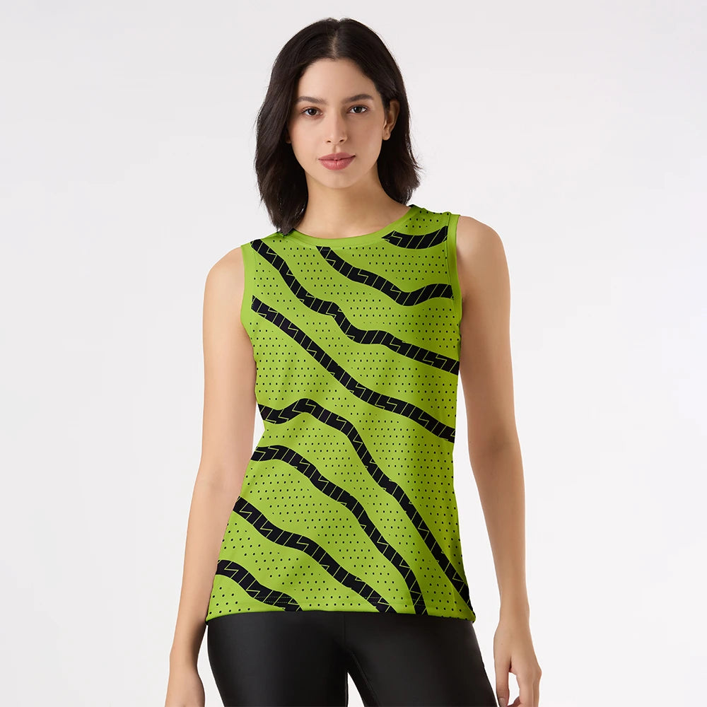 green black gym top, abstract print workout tank, women’s dry-fit sleeveless shirt, breathable athletic top, sleeveless yoga tank, modern gym tank for women, dry fit gym top green, stylish activewear top, neon gym wear women, quick dry fitness tank
