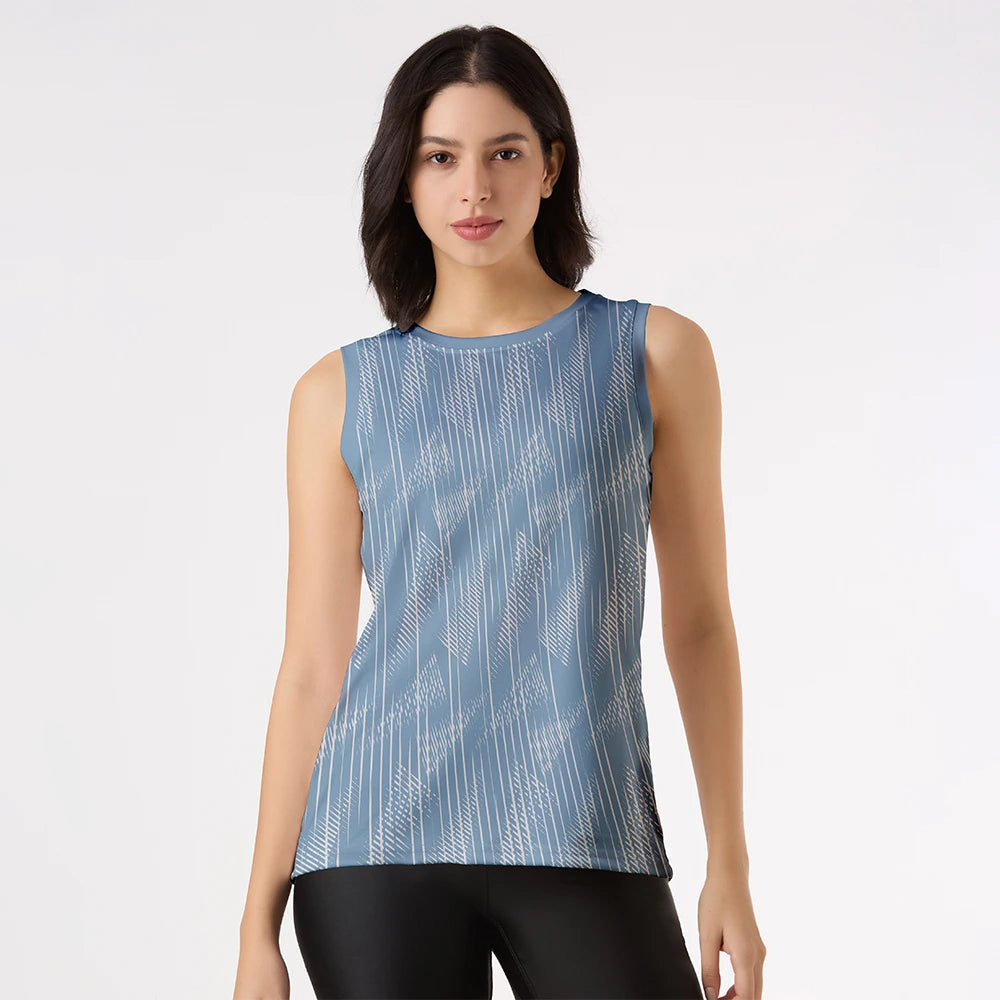 blue gym tank top, sleeveless workout shirt for women, abstract print activewear, dry fit top blue, linear pattern gym tank, women’s yoga top, breathable fitness top, sleeveless polyester gym shirt, summer activewear women, cool tone workout tank

