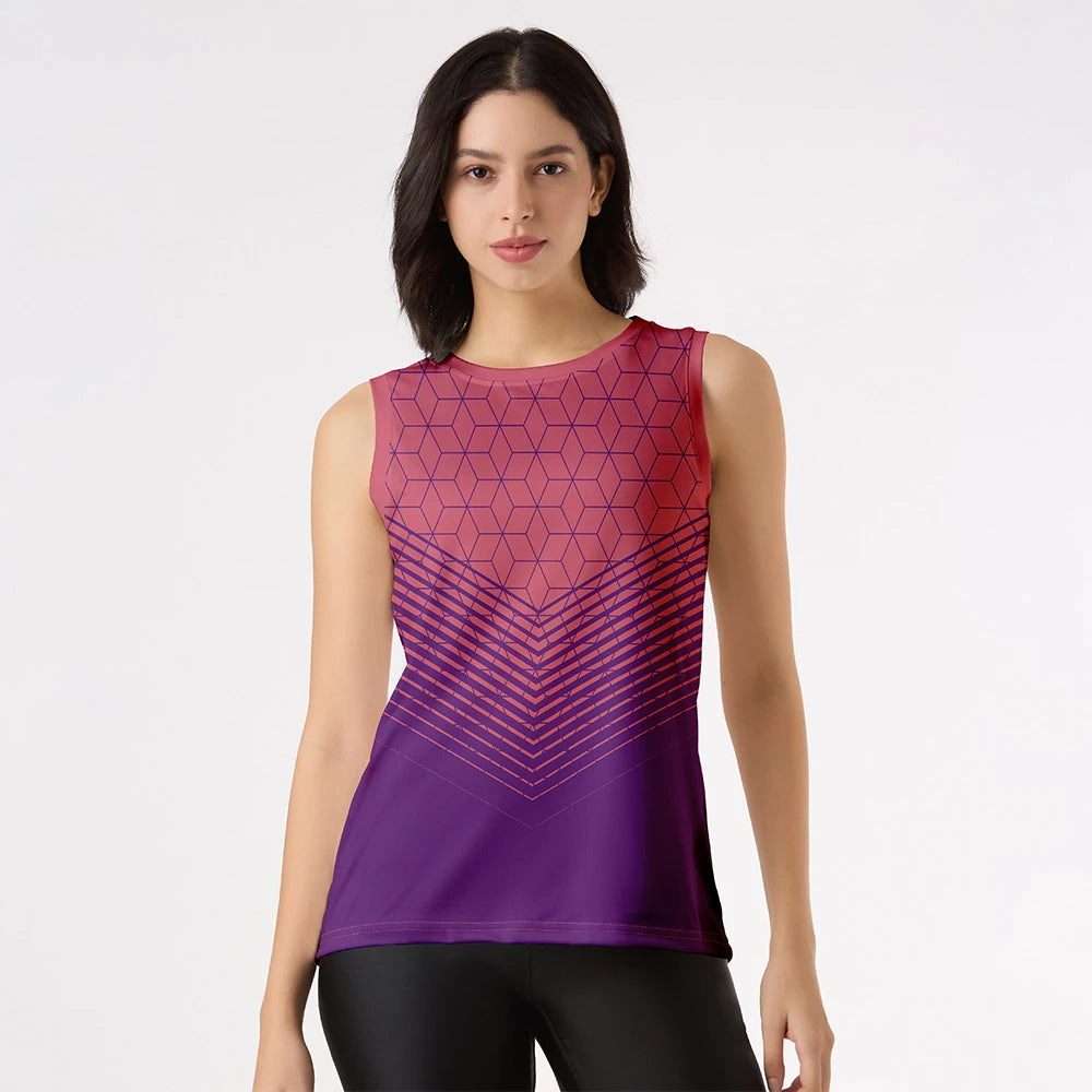 gradient gym top women, sleeveless activewear top, women’s gym singlet, pink purple gym wear, cube design tank top, quick dry gym singlet, breathable activewear for women, ladies fitness wear, aesthetic gym clothing, Zumba tank top, stylish gym singlet, women’s performance top, workout tank pink purple, women in gym gear