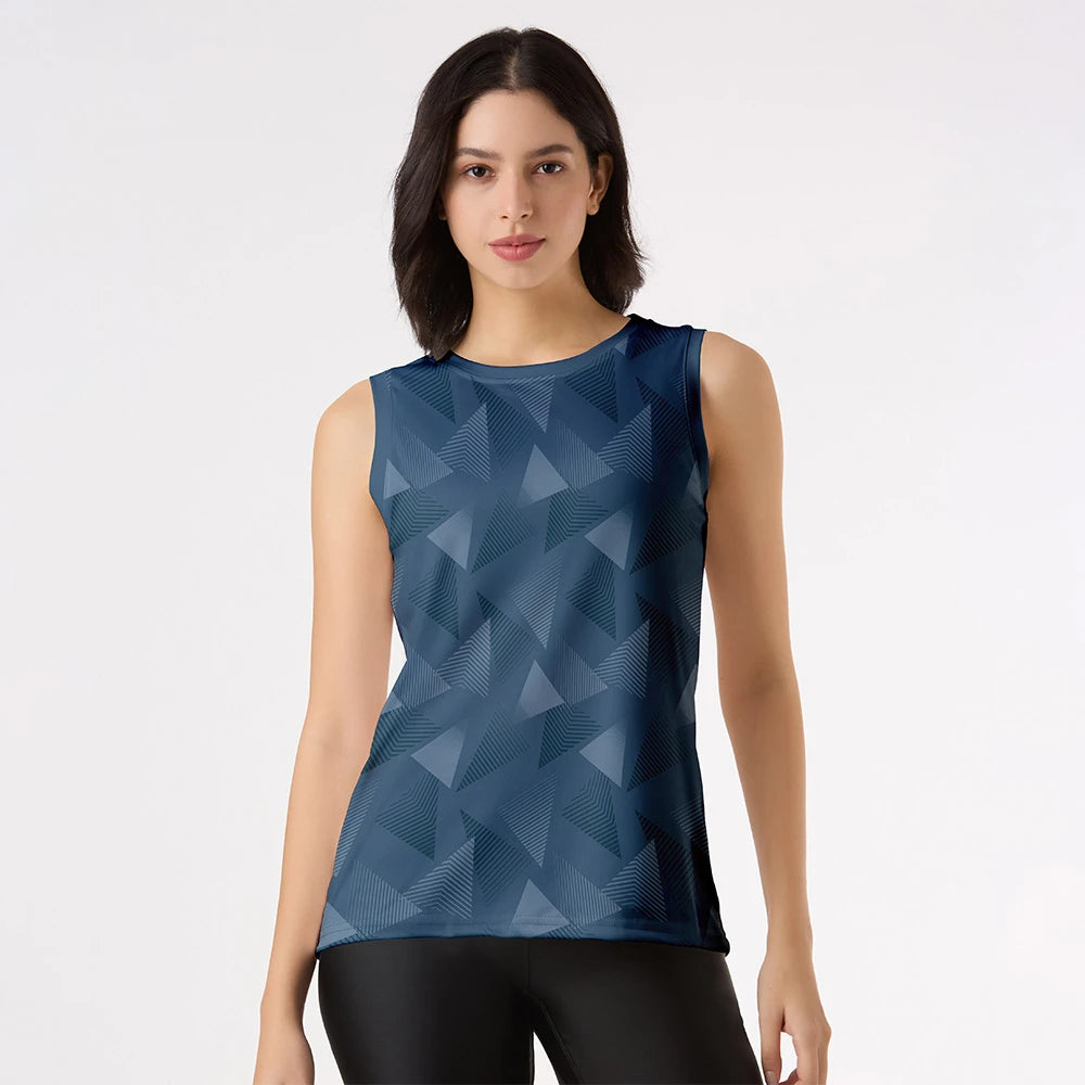 women's activewear tank top, geometric print gym top, sleeveless workout top, breathable fitness tank, triangle print tank top, stretch fit activewear, ladies sportswear top, trendy gym clothing for women, blue sleeveless sports top, modern athletic wear