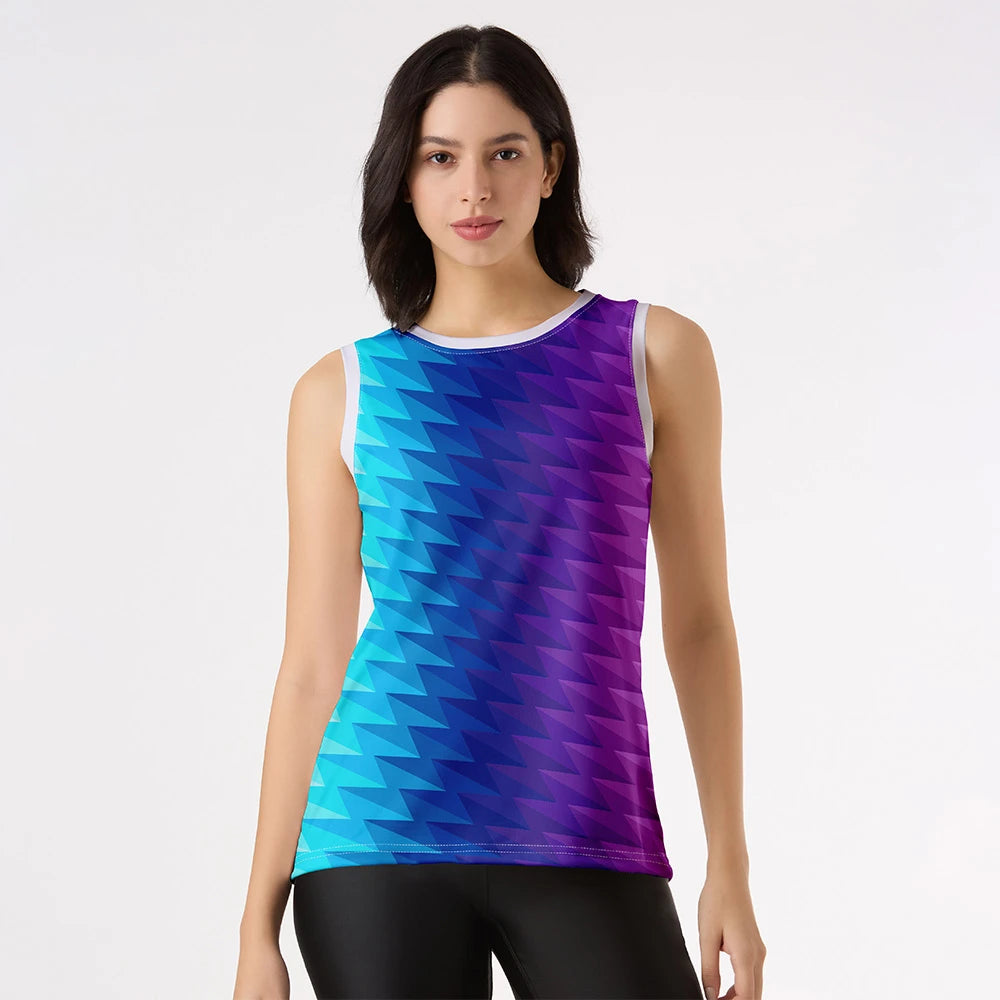 gradient gym top women, colorful gym wear, zigzag print tank top, multi-color singlet women, sleeveless workout tank, vibrant gym tops, women's training singlet