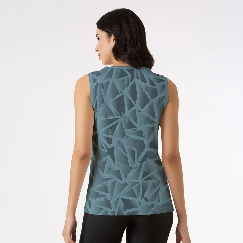 women's sleeveless top, blue tank top, abstract print activewear, modern workout wear, casual gym wear, breathable sports top, fitness fashion for women, stylish active tank, geometric pattern tee, sleeveless workout t-shirt