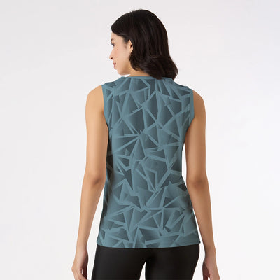 women's sleeveless top, blue tank top, abstract print activewear, modern workout wear, casual gym wear, breathable sports top, fitness fashion for women, stylish active tank, geometric pattern tee, sleeveless workout t-shirt