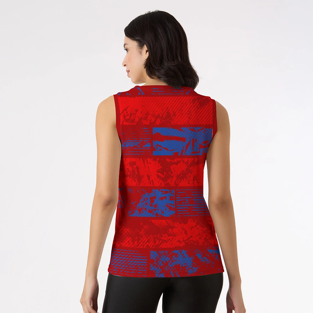 women's tank top, red sleeveless top, workout tank for women, gym top, printed tank top, athletic wear for women, casual singlet, breathable sports top, red blue activewear, stylish fitness tank
