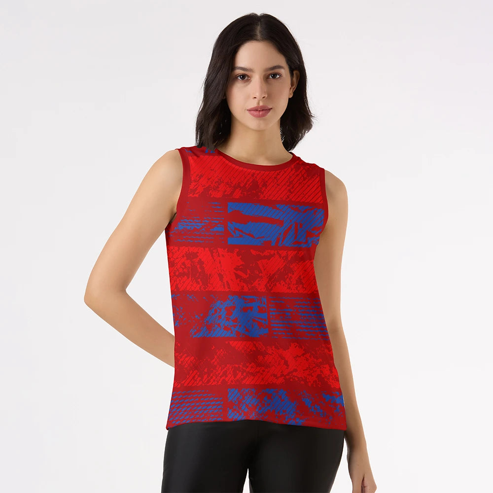 women's tank top, red sleeveless top, workout tank for women, gym top, printed tank top, athletic wear for women, casual singlet, breathable sports top, red blue activewear, stylish fitness tank
