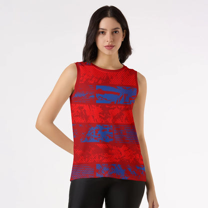 women's tank top, red sleeveless top, workout tank for women, gym top, printed tank top, athletic wear for women, casual singlet, breathable sports top, red blue activewear, stylish fitness tank
