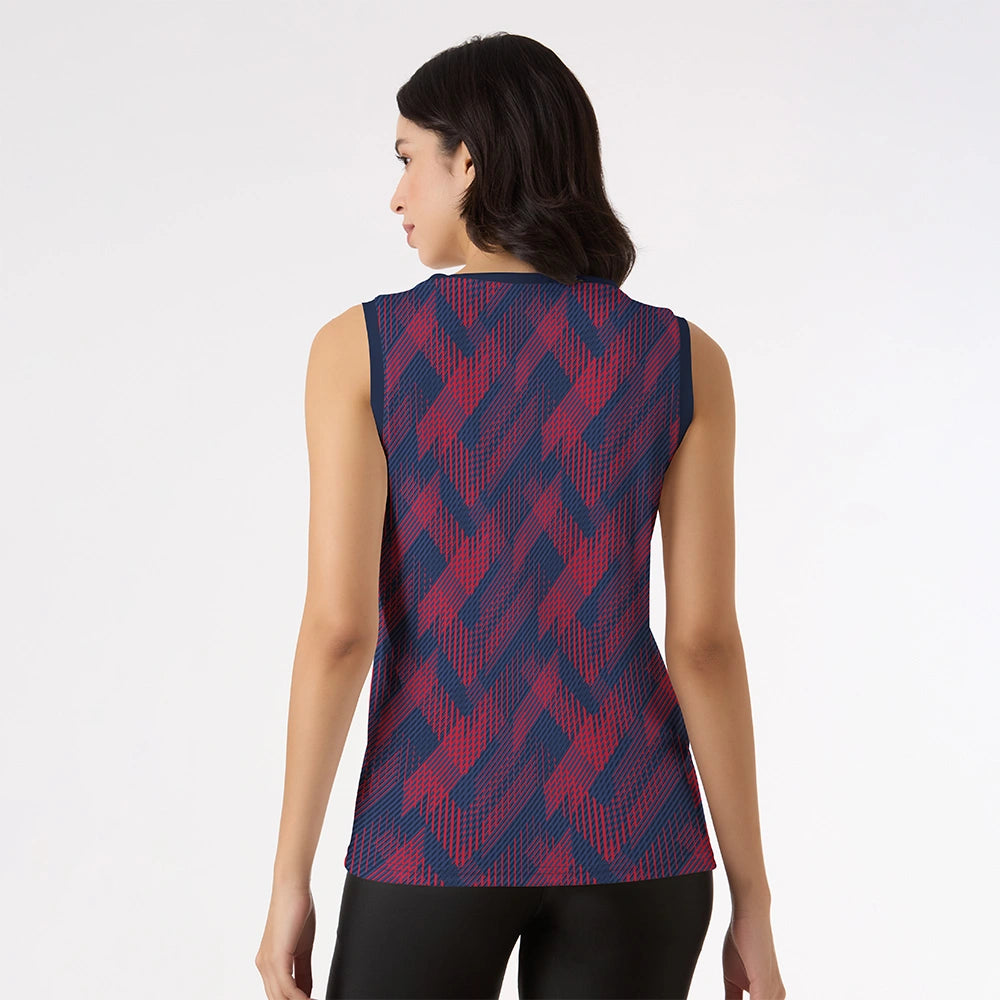 women's tank top, printed tank top, sleeveless singlet, navy red top, geometric print top, ladies summer tank, breathable workout top, fashion tank top, stylish gym wear, casual women's singlet

