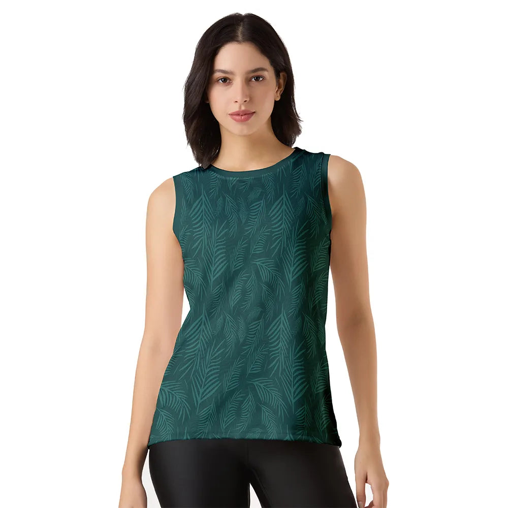 green tank top women, leaf print workout top, women sleeveless gym top, gym wear with leaf design, yoga tank top, botanical gym wear, breathable activewear, fitness singlet for women, sleeveless gym shirt, quick dry tank top, eco-style workout tank, women’s activewear top, green gym shirt
