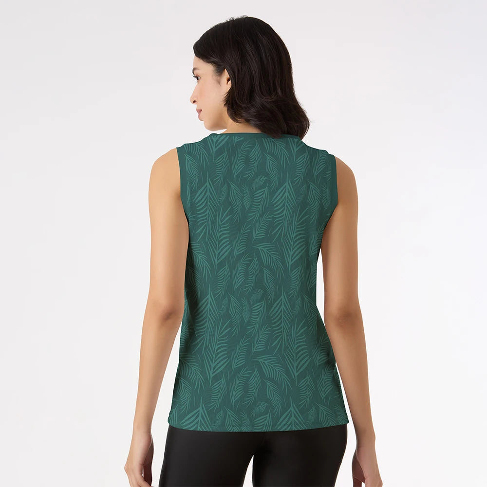green tank top women, leaf print workout top, women sleeveless gym top, gym wear with leaf design, yoga tank top, botanical gym wear, breathable activewear, fitness singlet for women, sleeveless gym shirt, quick dry tank top, eco-style workout tank, women’s activewear top, green gym shirt