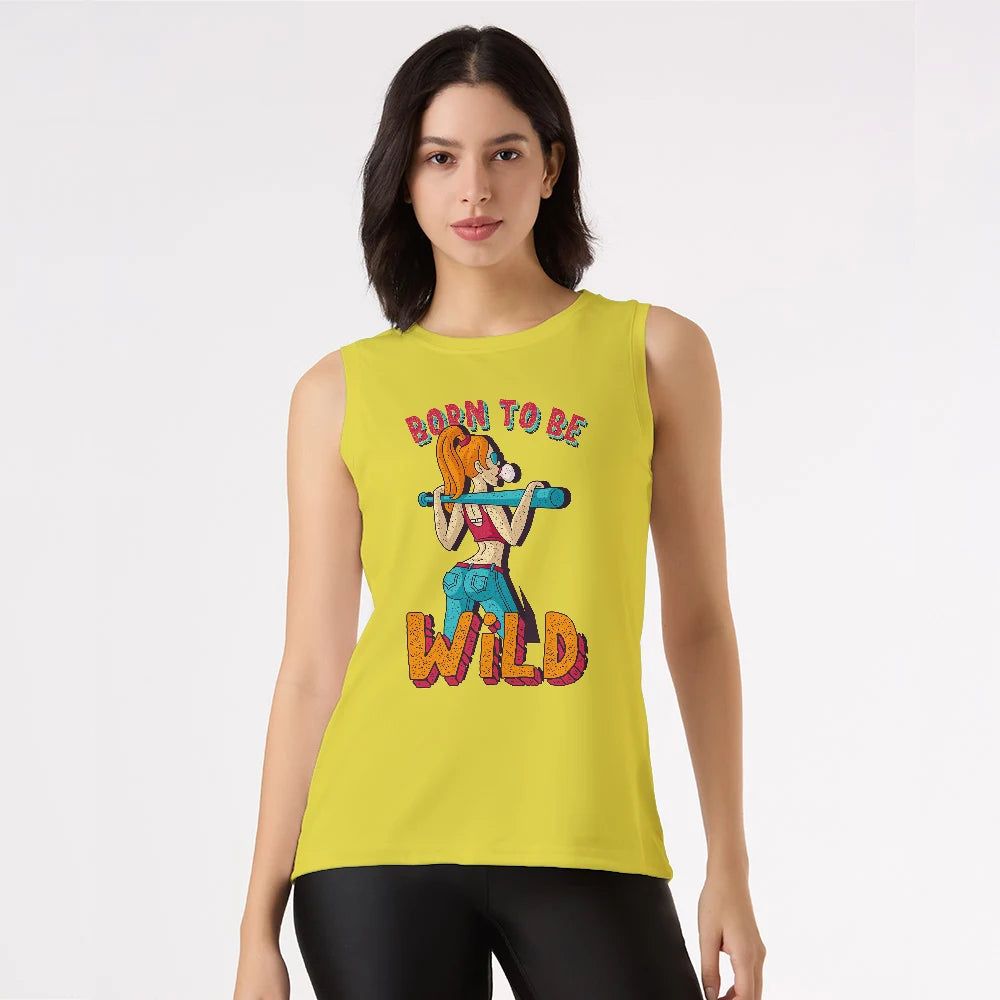 yellow tank top for women, sleeveless gym wear, women's summer tops, printed tank tops, stylish workout tops, bold women’s tank, graphic singlet, trendy muscle tee