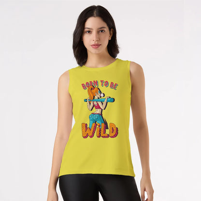 yellow tank top for women, sleeveless gym wear, women's summer tops, printed tank tops, stylish workout tops, bold women’s tank, graphic singlet, trendy muscle tee