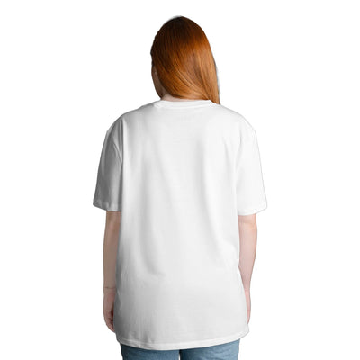“Back View of Women’s Oversized White T-Shirt with Down Shoulder and Baggy Fit, Plain Casual Streetwear Style, Relaxed Comfort Fit Tee