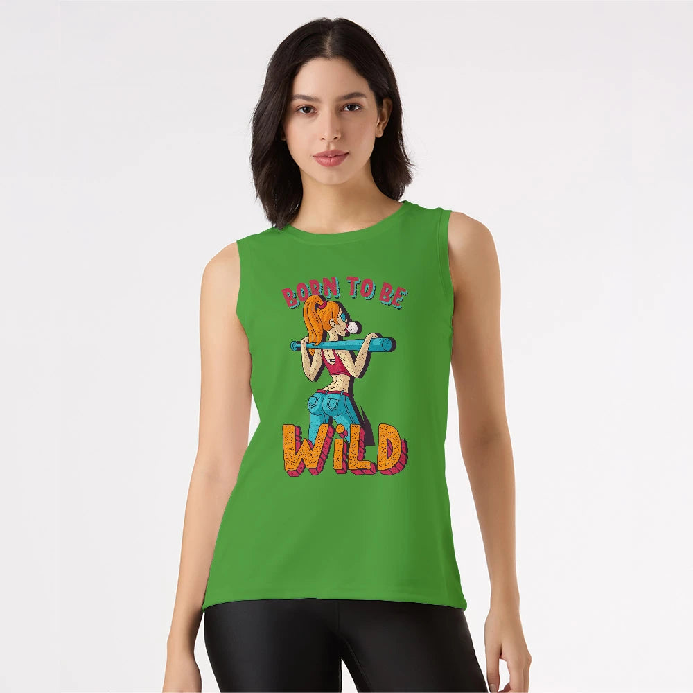 women's tank top, green tank top, graphic tank top, born to be wild shirt, gym wear for women, workout tank top, casual sleeveless top, fitness fashion, activewear women, bold print tank top, summer tops for women, ladies gym top, trendy tank tops, women's sportswear, sleeveless workout shirt
