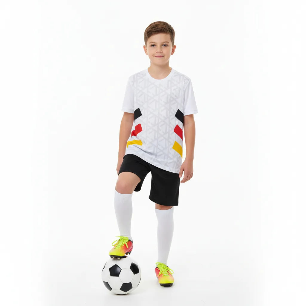 Boys and girls wearing matching kids sports jerseys