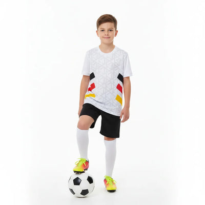 Boys and girls wearing matching kids sports jerseys