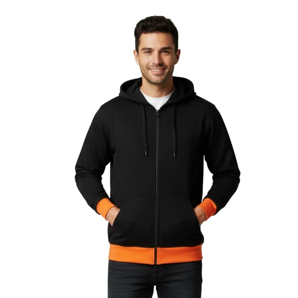 black orange zipper hoodie jacket, winter zip up hoodie for men, slim fit hooded jacket, cotton blend hoodie jacket for winter, affordable gym wear jacket, warm zipper hoodie for men, contrast color hooded jacket, casual zip hoodie for men, streetwear hoodie jacket, full zip hooded sweatshirt men