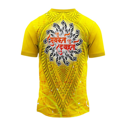 Ganpati jersey, Ganesh Chaturthi jersey, yellow Ganpati t-shirt, polyester festival jersey, spiritual wear for men, Ganpati Aarti design jersey, Ganesh Utsav dress, Indian religious wear, devotional t-shirt, comfortable religious clothing, Ganesh mandal uniform, stylish Ganpati t-shirt, Maharashtrian festival jersey
